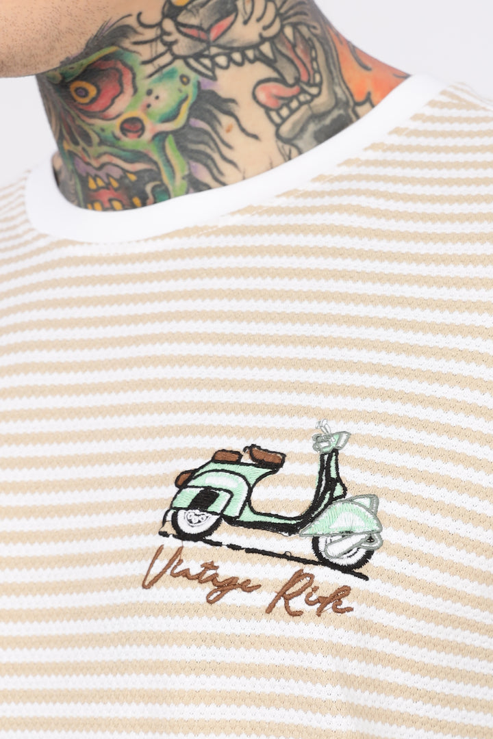 Vintage Ride: Embroidered Cream Stripes Oversized T-shirt