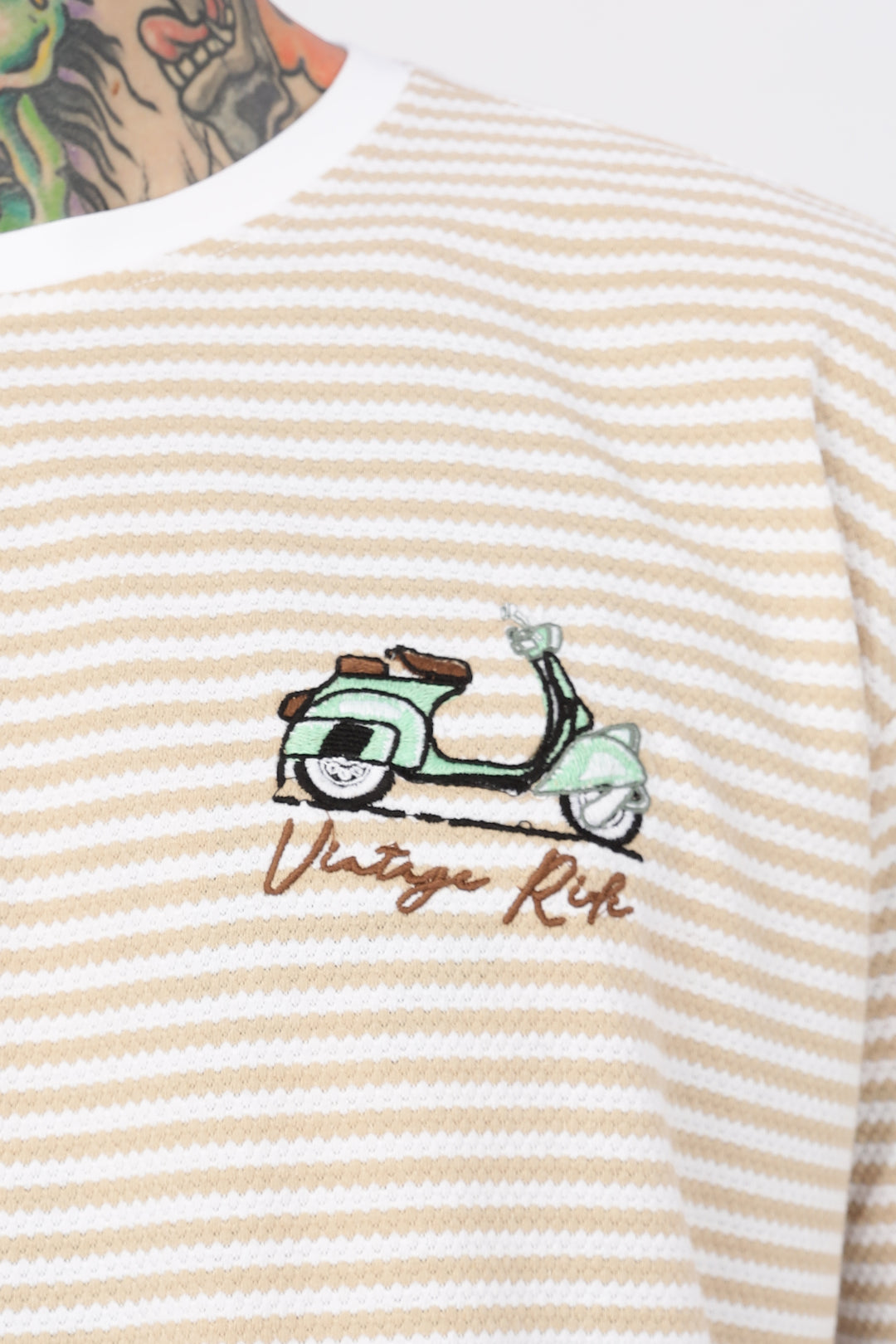 Vintage Ride: Embroidered Cream Stripes Oversized T-shirt
