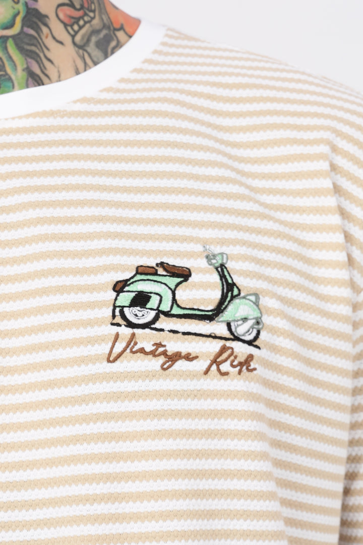 Vintage Ride: Embroidered Cream Stripes Oversized T-shirt