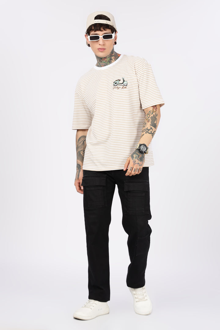 Vintage Ride: Embroidered Cream Stripes Oversized T-shirt