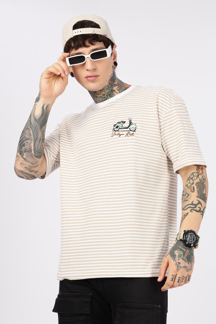 Vintage Ride: Embroidered Cream Stripes Oversized T-shirt