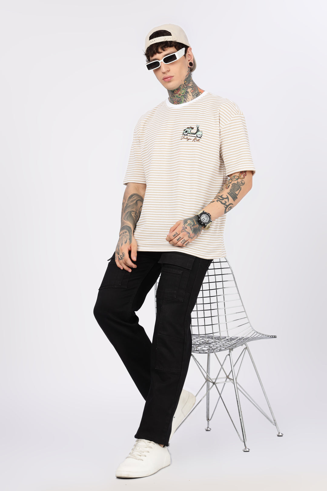 Vintage Ride: Embroidered Cream Stripes Oversized T-shirt