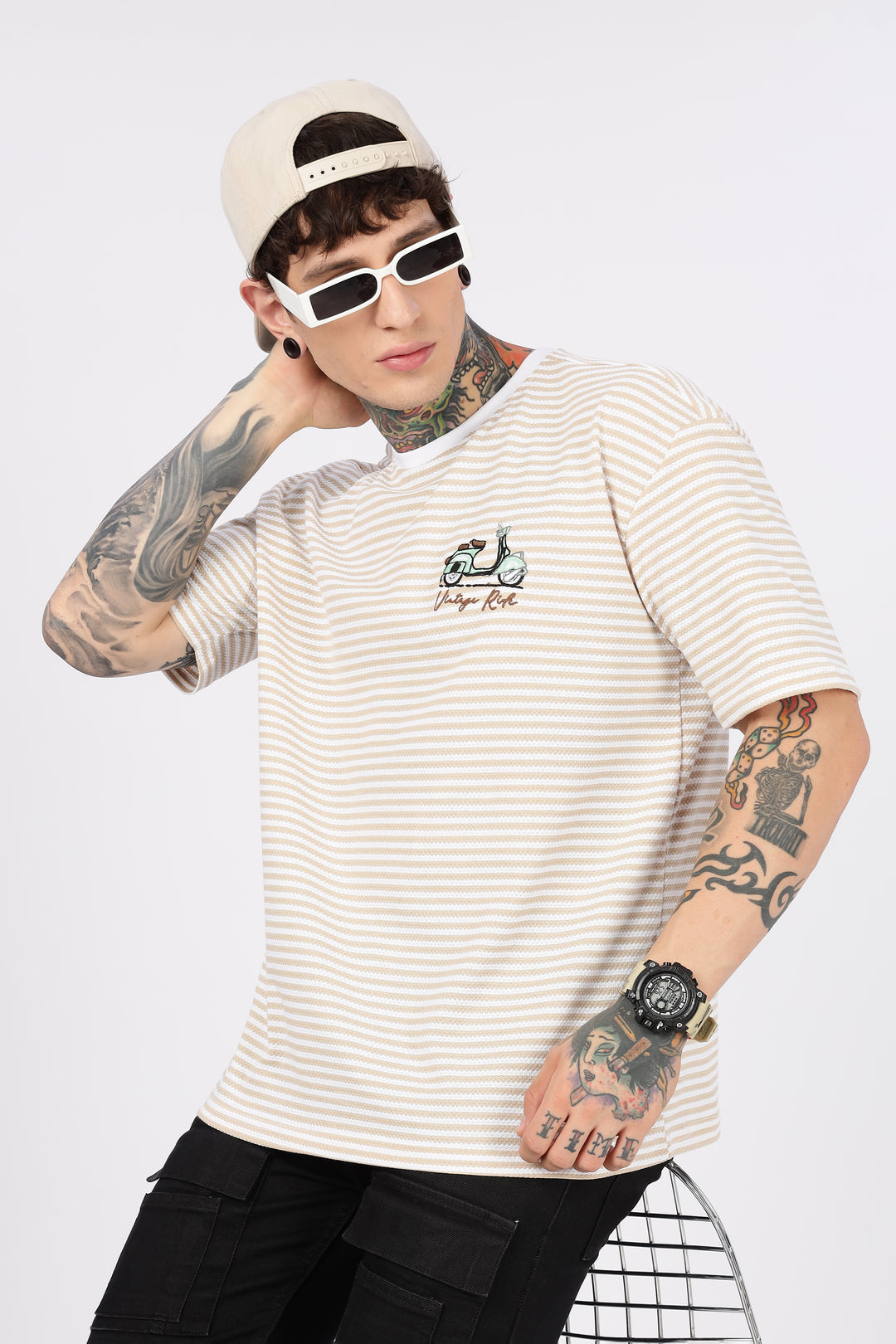 Vintage Ride: Embroidered Cream Stripes Oversized T-shirt