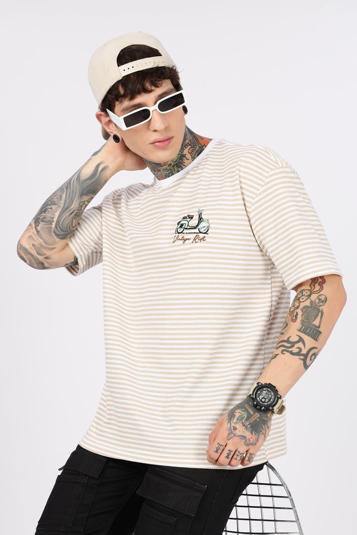 Vintage Ride: Embroidered Cream Stripes Oversized T-shirt