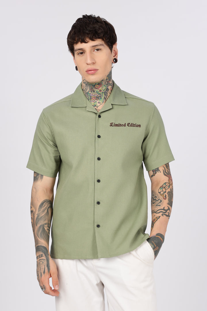 Limited Edition: Embroidery Sage Green Cotton Cuban Shirt