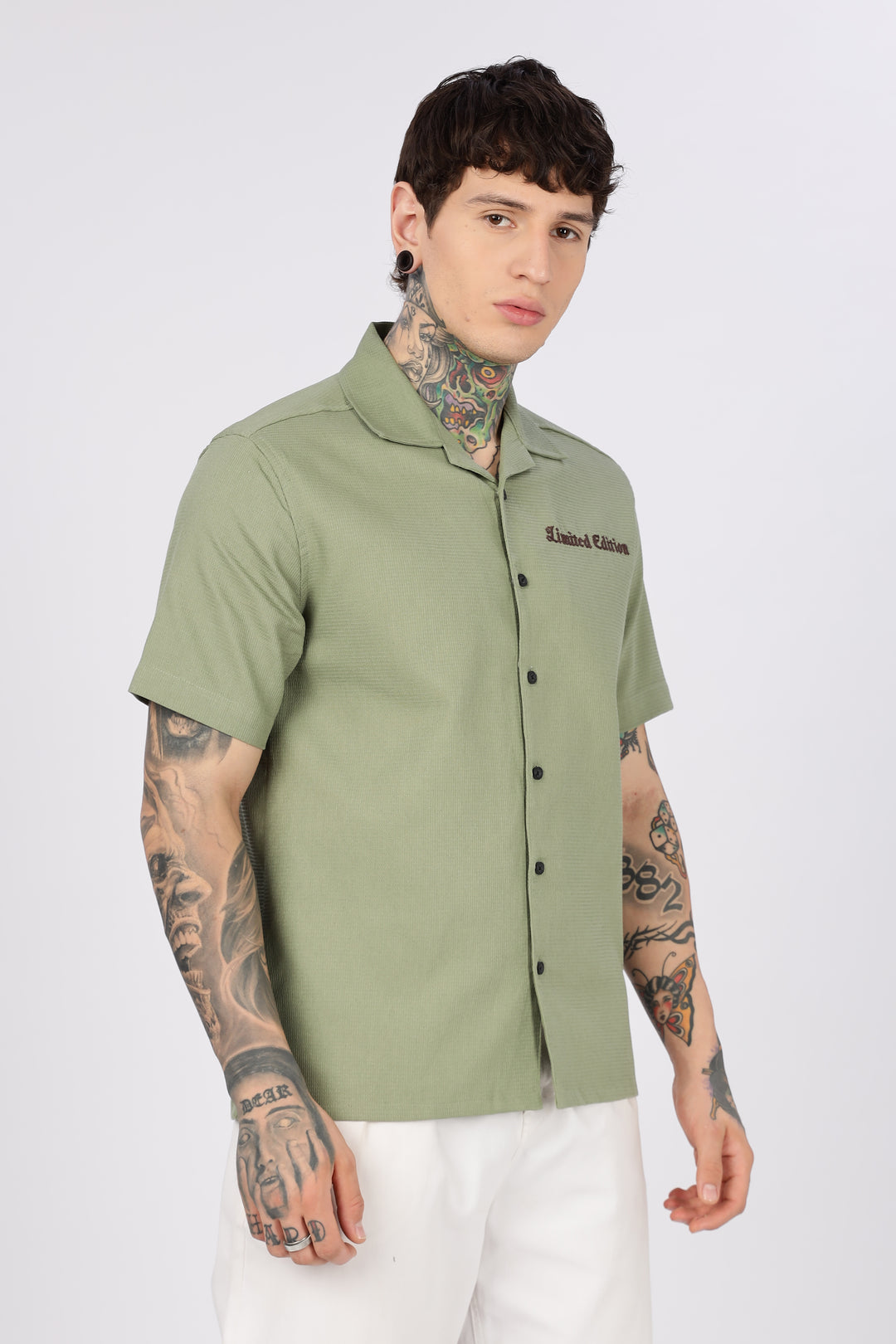 Limited Edition: Embroidery Sage Green Cotton Cuban Shirt