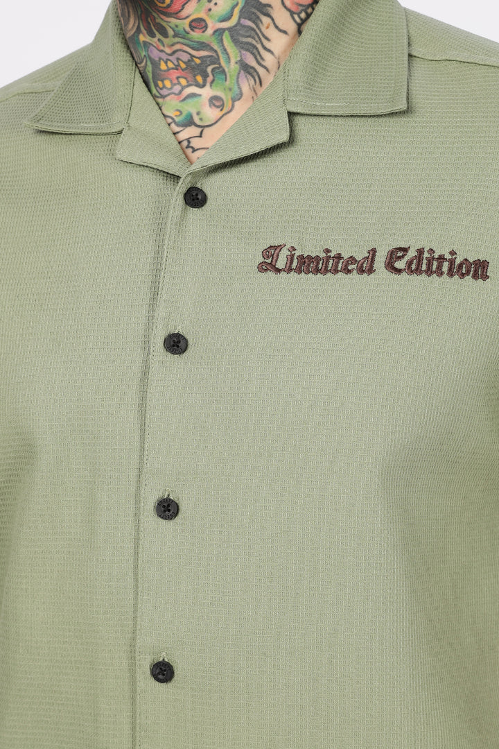 Limited Edition: Embroidery Sage Green Cotton Cuban Shirt