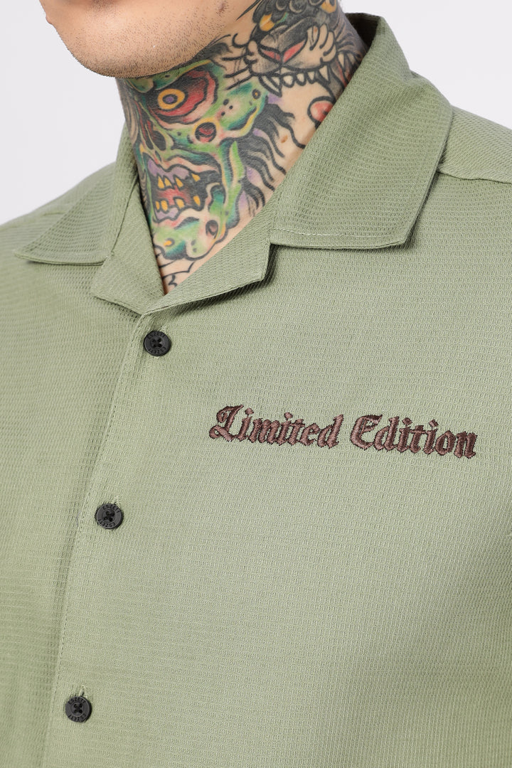 Limited Edition: Embroidery Sage Green Cotton Cuban Shirt