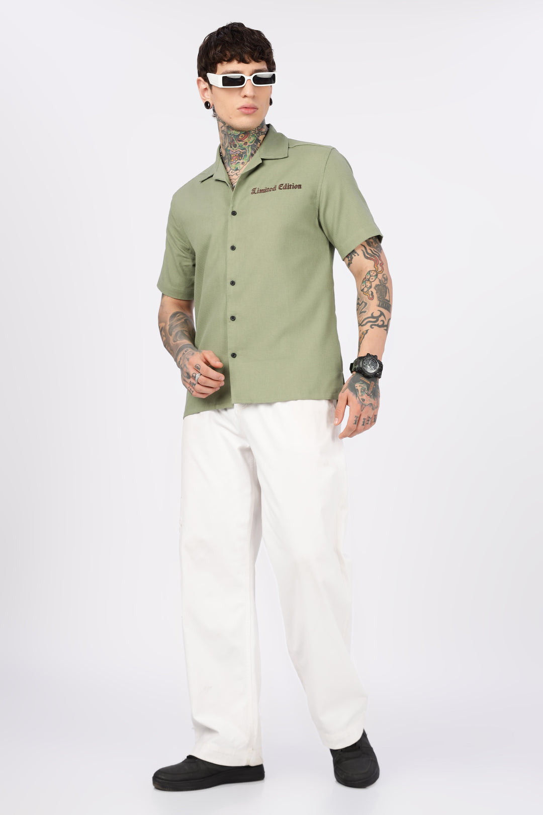 Limited Edition: Embroidery Sage Green Cotton Cuban Shirt