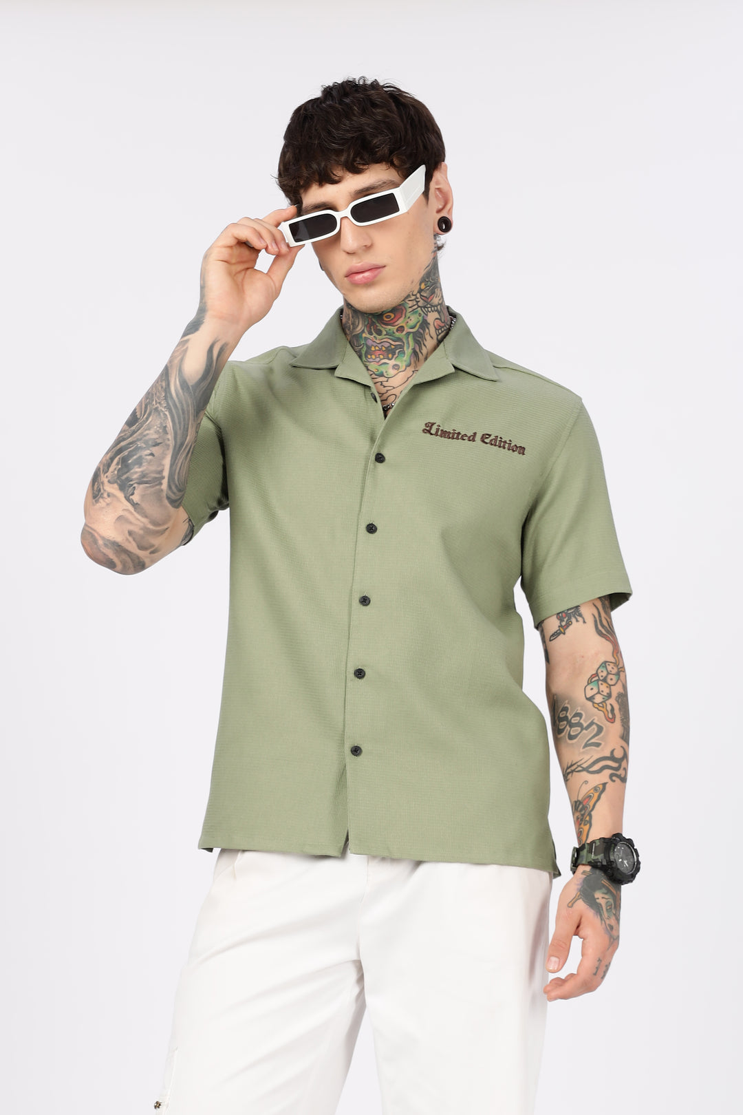 Limited Edition: Embroidery Sage Green Cotton Cuban Shirt