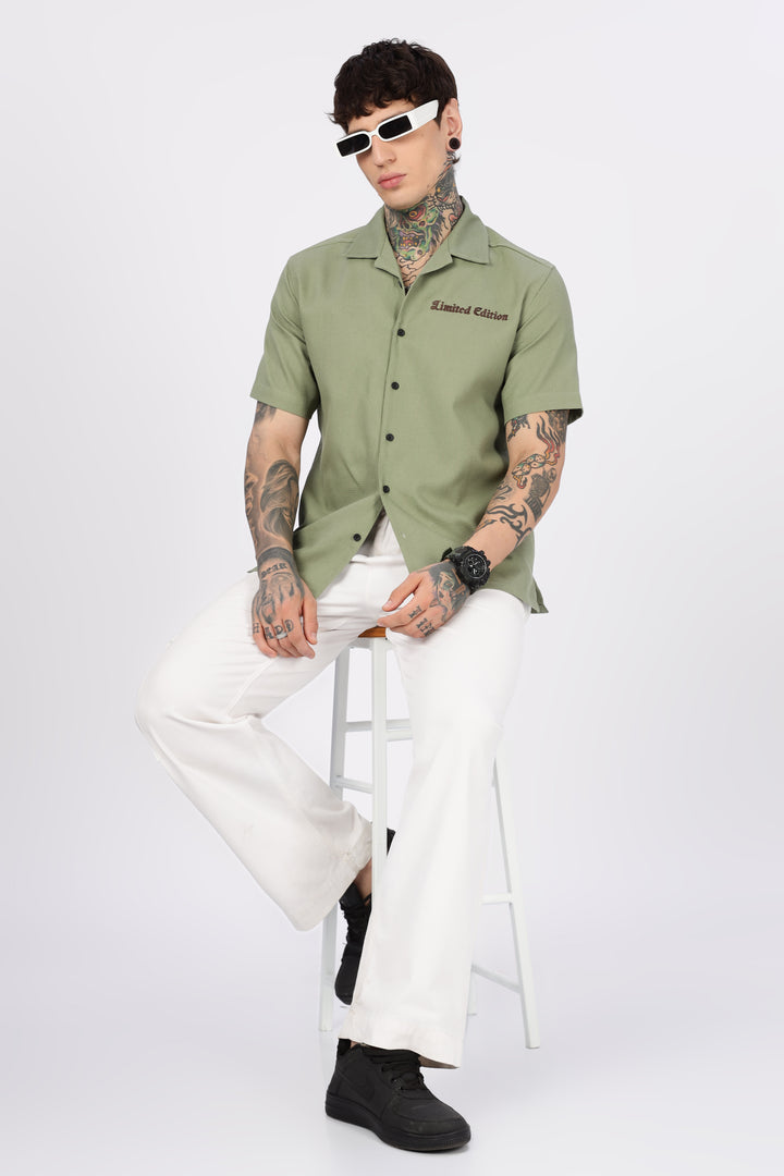 Limited Edition: Embroidery Sage Green Cotton Cuban Shirt