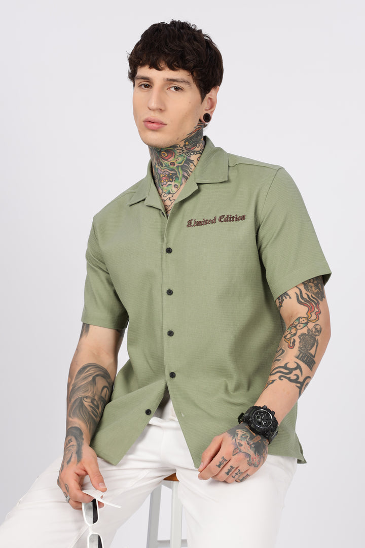 Limited Edition: Embroidery Sage Green Cotton Cuban Shirt