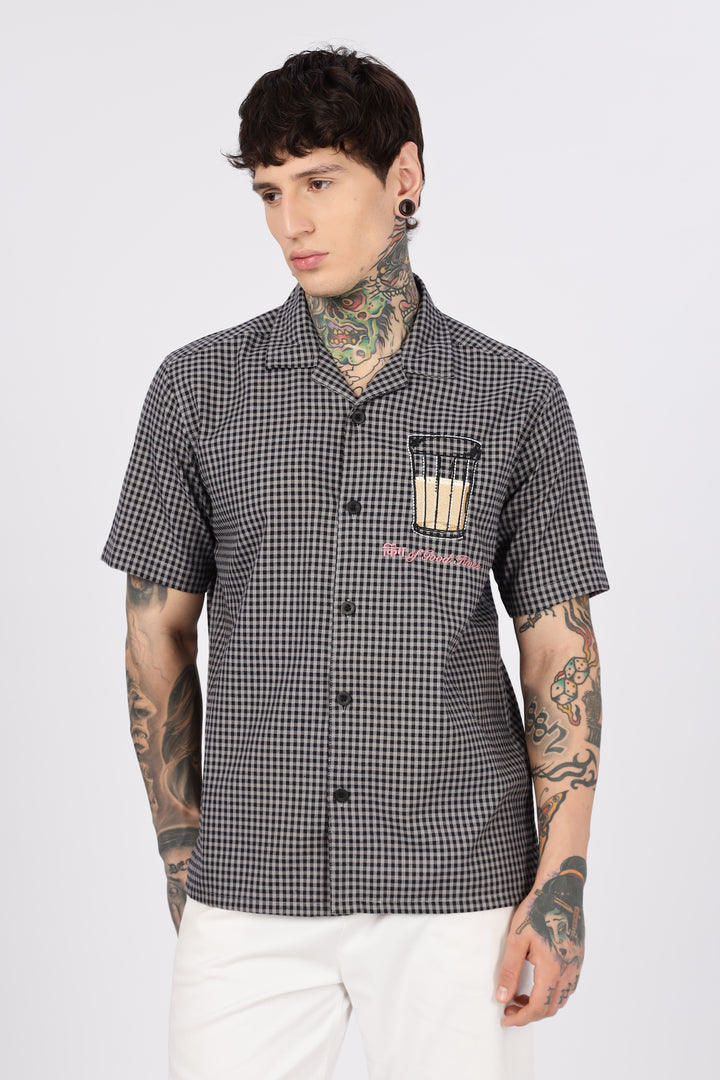 Chai : Black Checks Embroidery Cuban Shirt