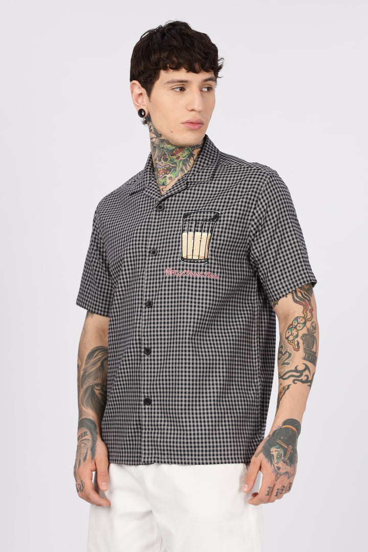 Chai : Black Checks Embroidery Cuban Shirt
