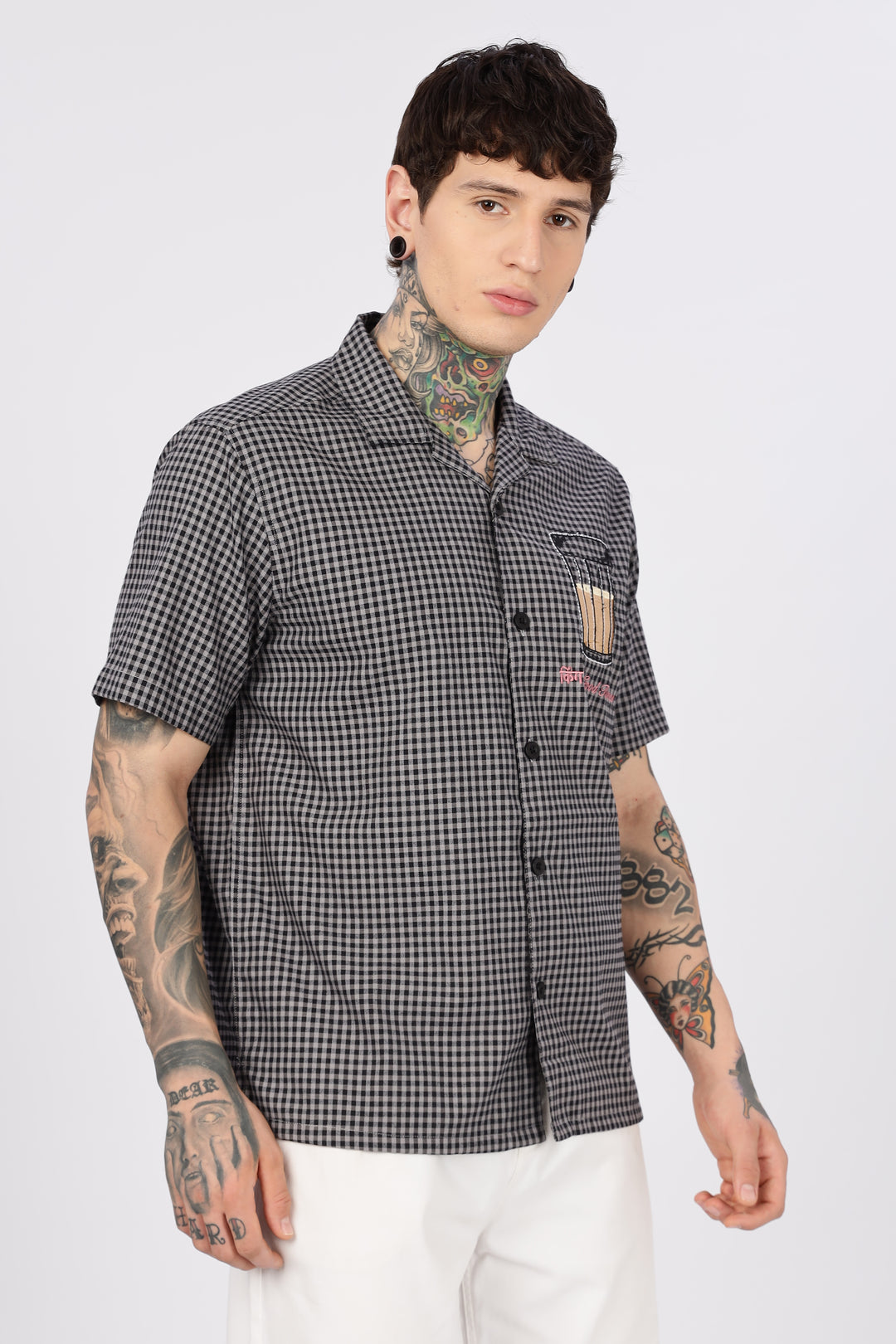 Chai : Black Checks Embroidery Cuban Shirt
