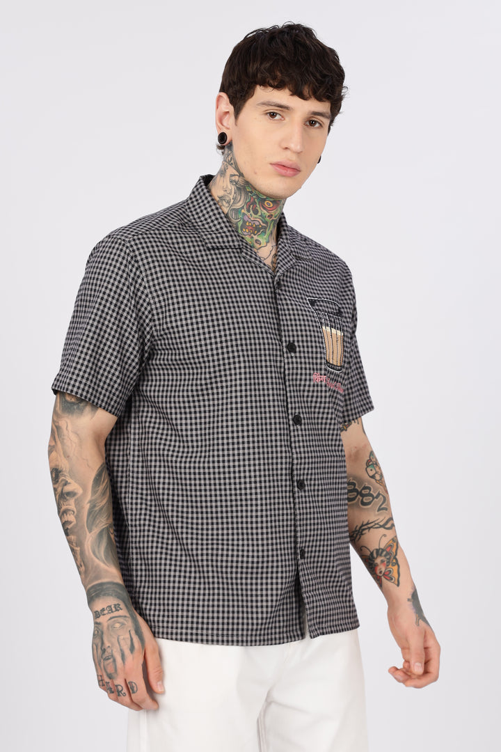 Chai : Black Checks Embroidery Cuban Shirt