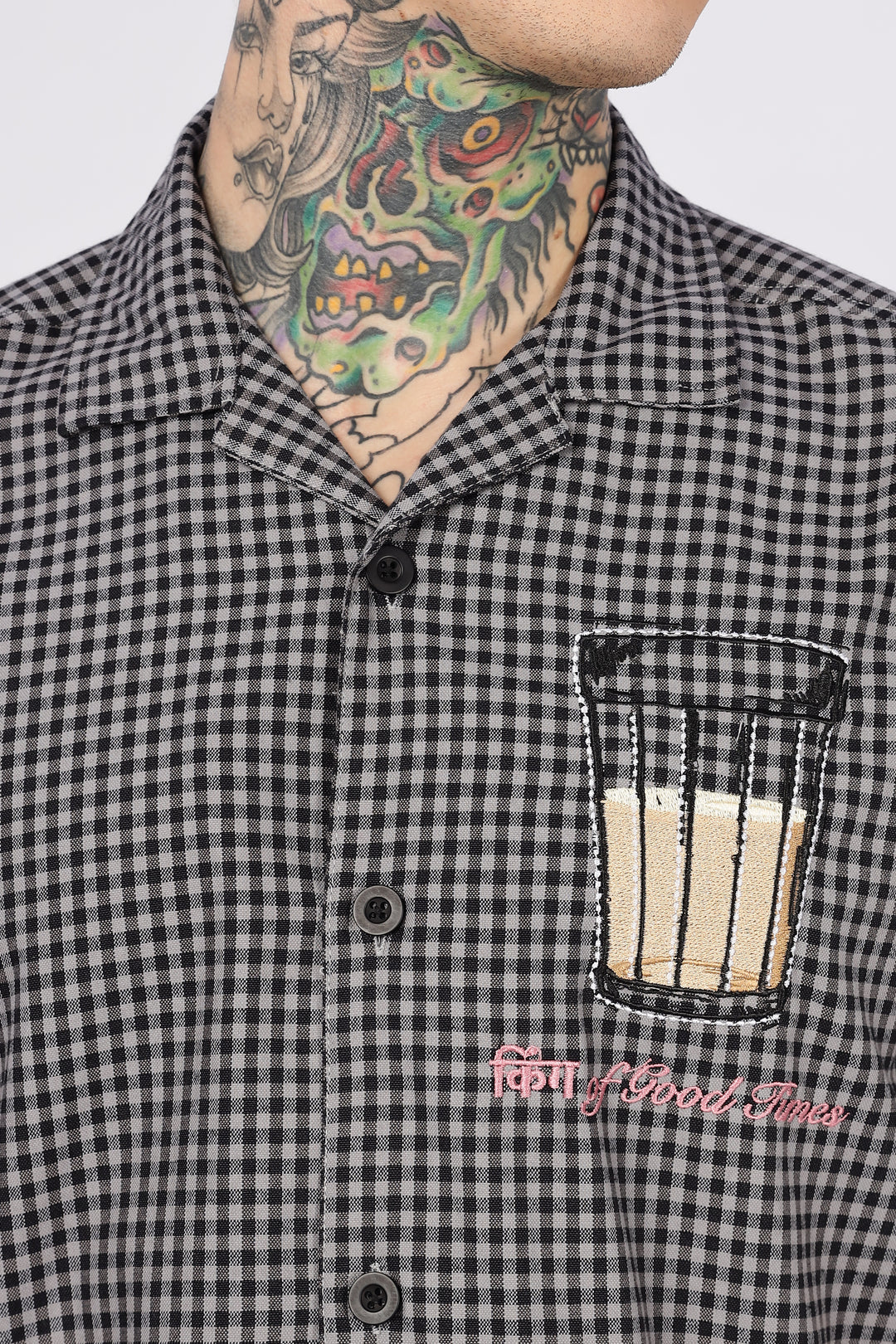 Chai : Black Checks Embroidery Cuban Shirt