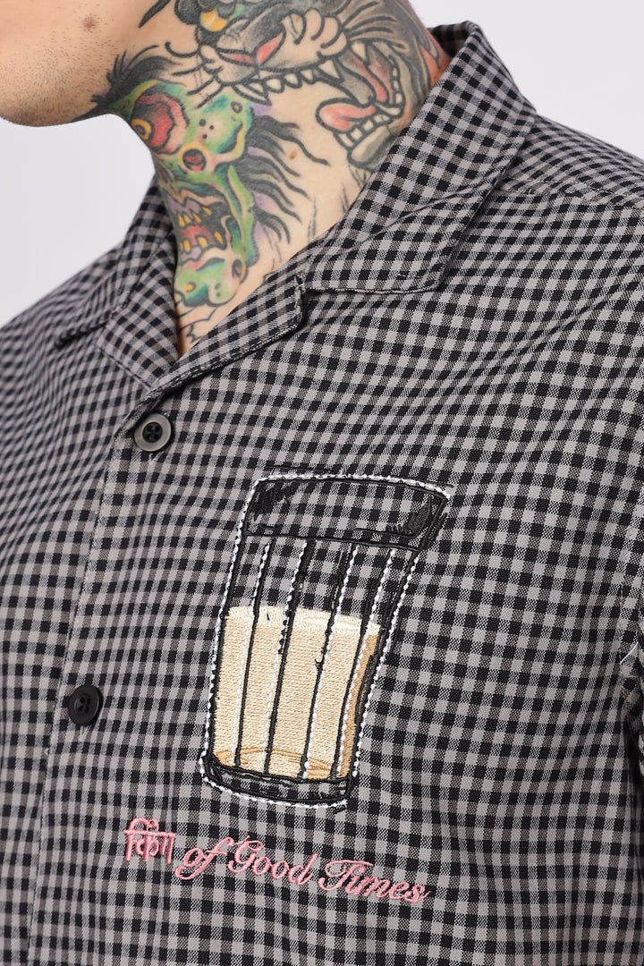 Chai : Black Checks Embroidery Cuban Shirt