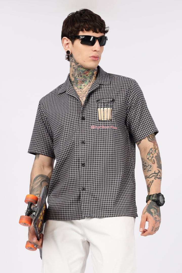 Chai : Black Checks Embroidery Cuban Shirt