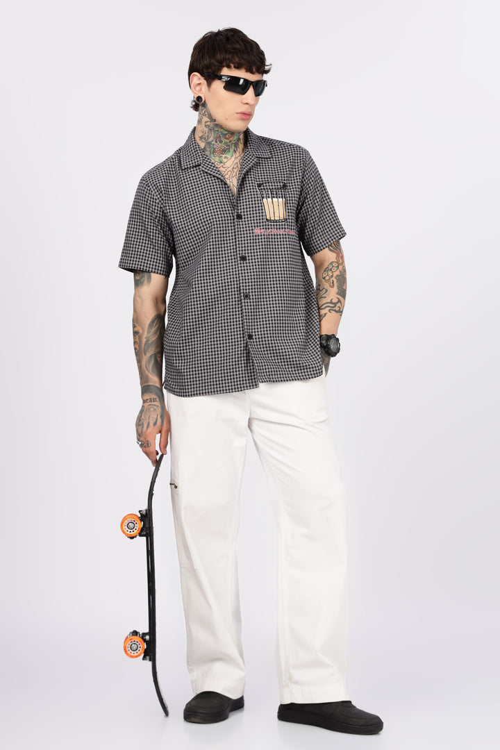 Chai : Black Checks Embroidery Cuban Shirt