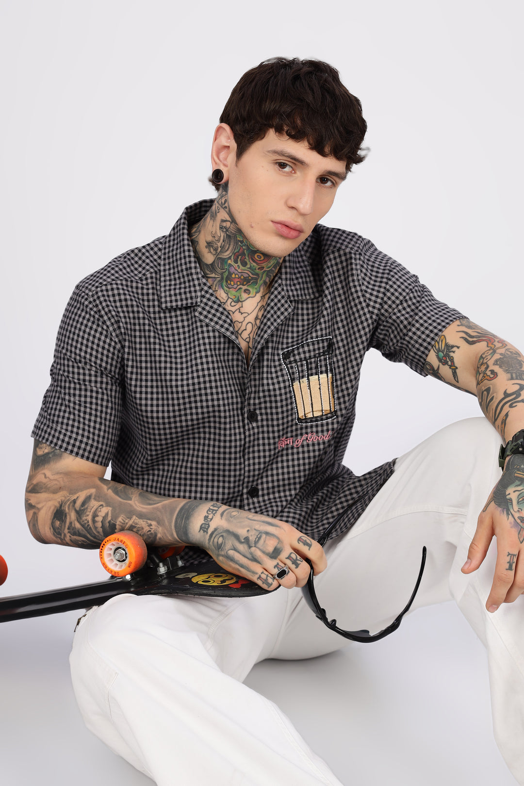 Chai : Black Checks Embroidery Cuban Shirt