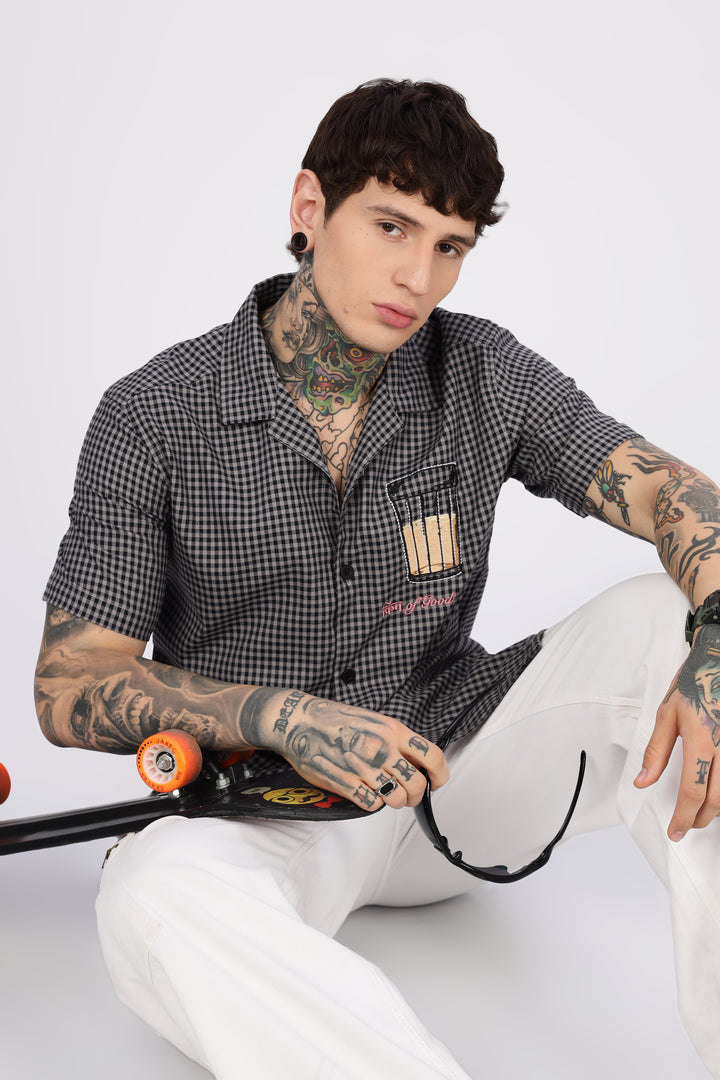 Chai : Black Checks Embroidery Cuban Shirt