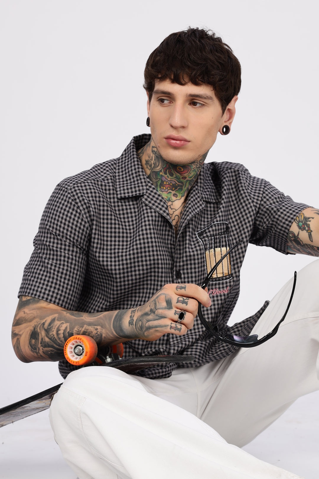 Chai : Black Checks Embroidery Cuban Shirt