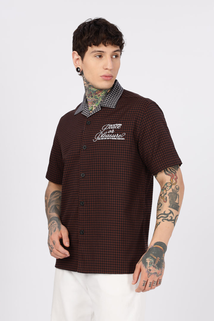 Peace: Brown Checks Embroidery cuban Shirt