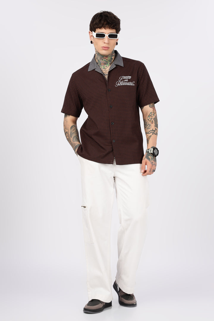 Peace: Brown Checks Embroidery cuban Shirt