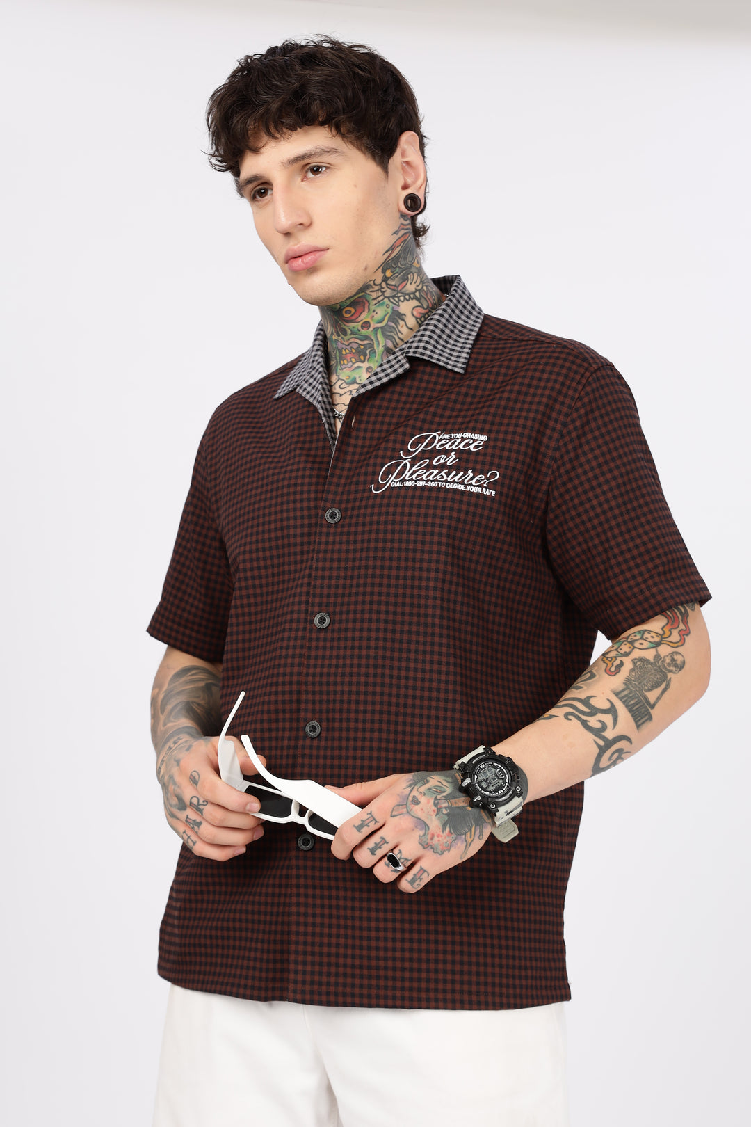 Peace: Brown Checks Embroidery cuban Shirt