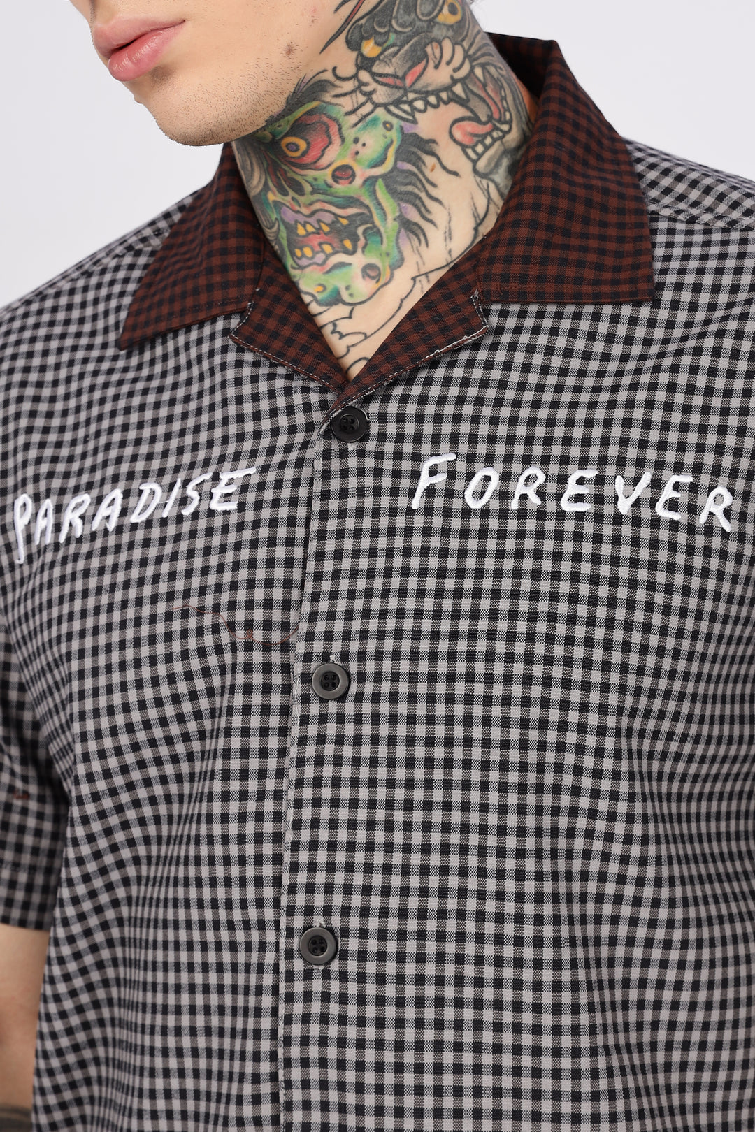 Paradise Forever: Black Checks Embroidery Cuban Shirt