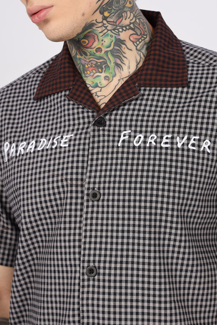 Paradise Forever: Black Checks Embroidery Cuban Shirt