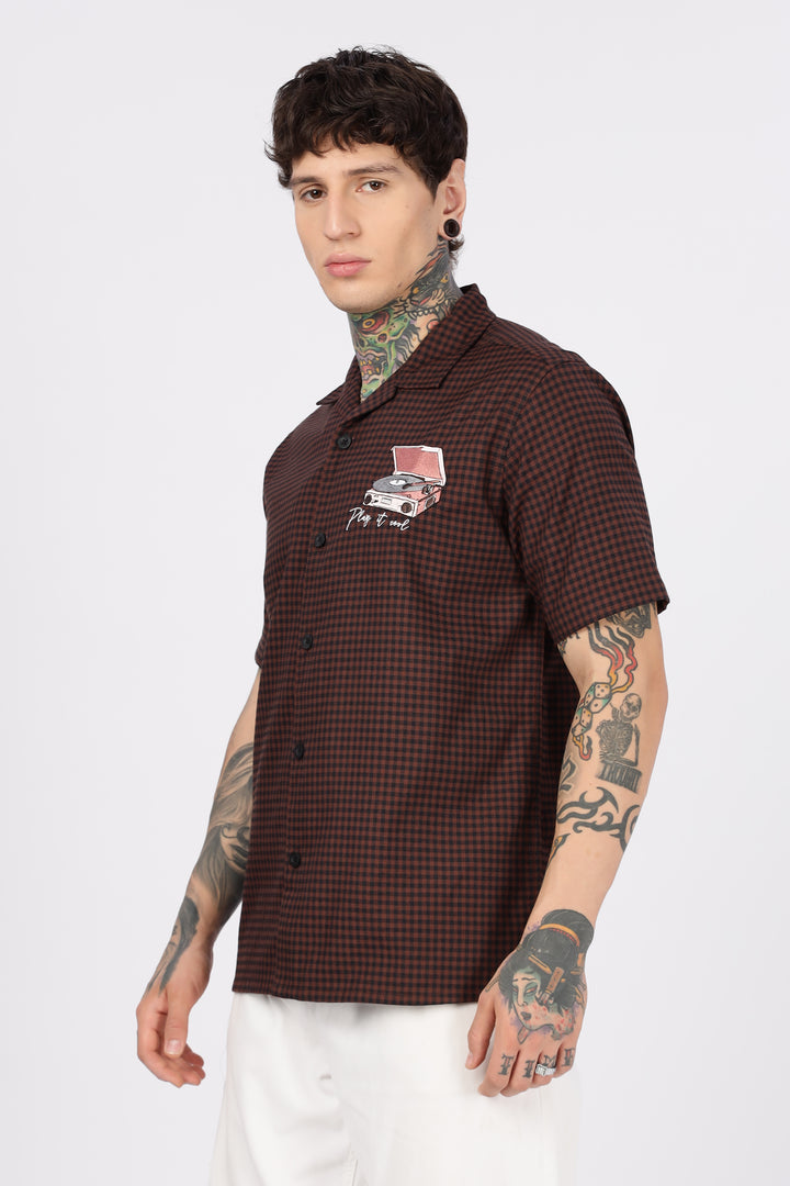 Gramophone: Embroidery Brown Cuban Shirt