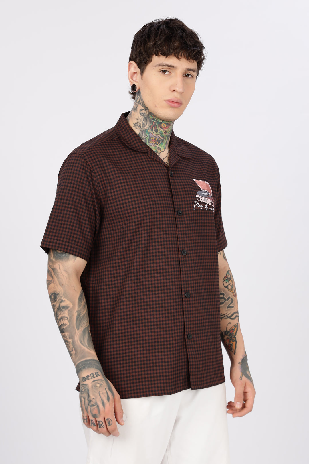Gramophone: Embroidery Brown Cuban Shirt