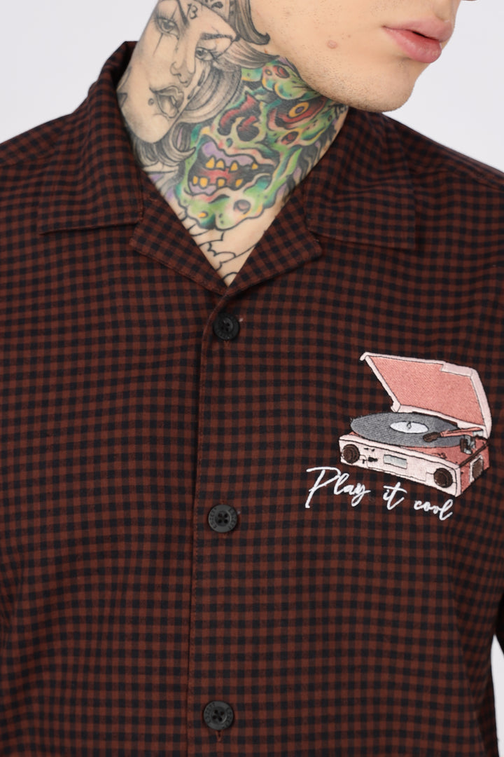 Gramophone: Embroidery Brown Cuban Shirt