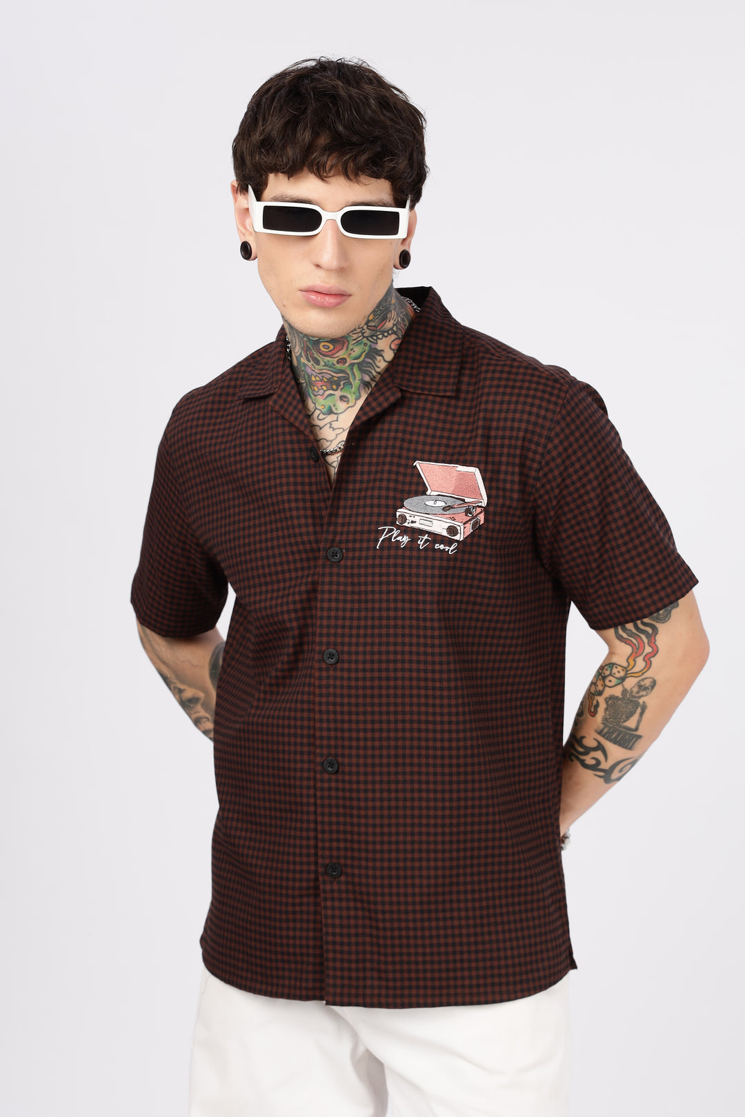Gramophone: Embroidery Brown Cuban Shirt