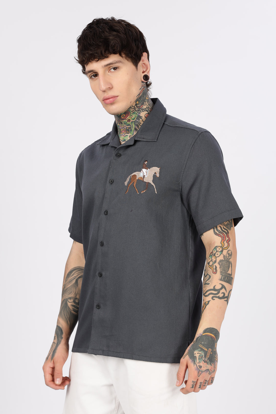 Race-Horse: Embroidery Textured Fabric Cuban Shirt