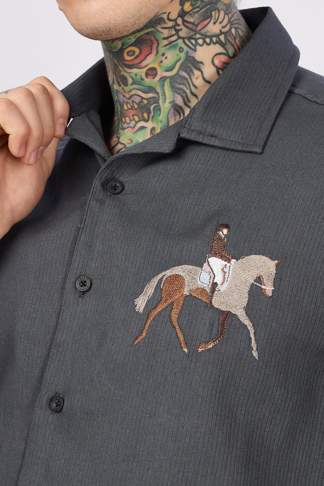 Race-Horse: Embroidery Textured Fabric Cuban Shirt