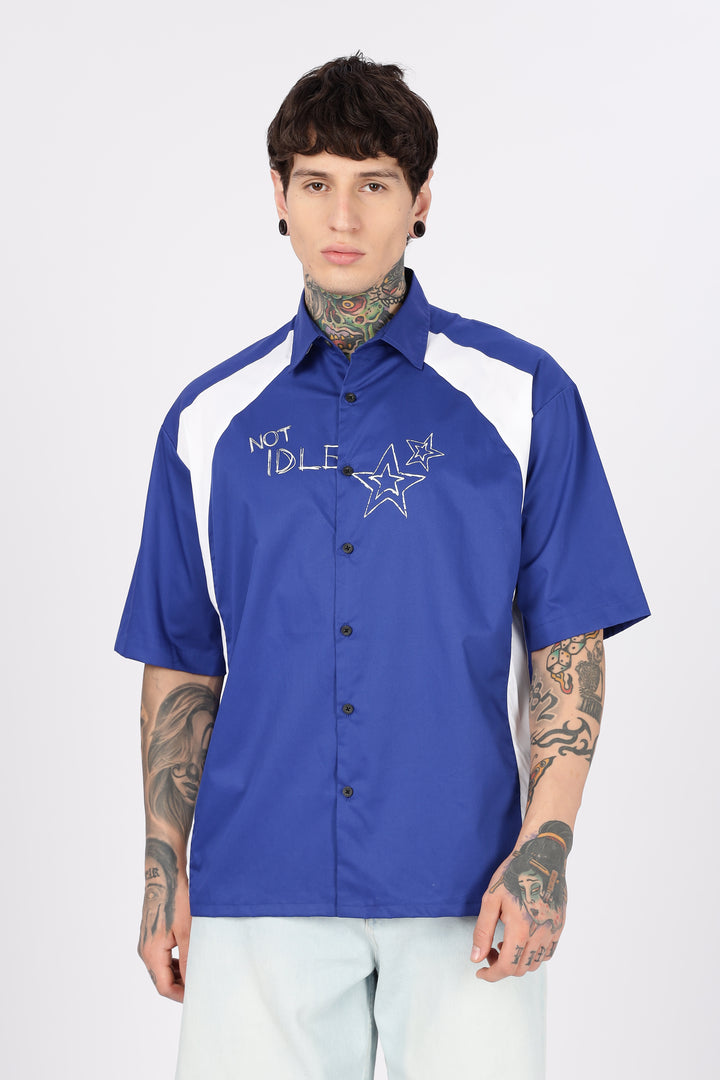 Not Idle: Cut & Sew Oversized Blue Cotton Shirt