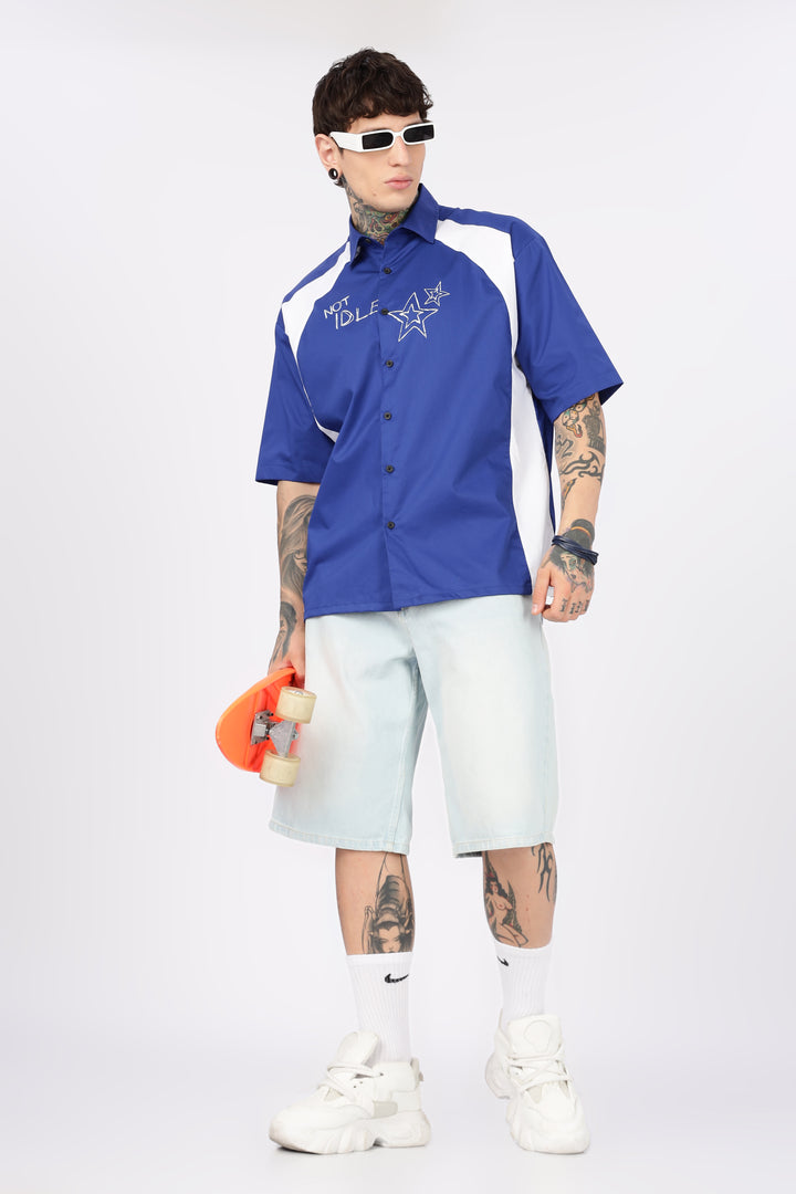 Not Idle: Cut & Sew Oversized Blue Cotton Shirt