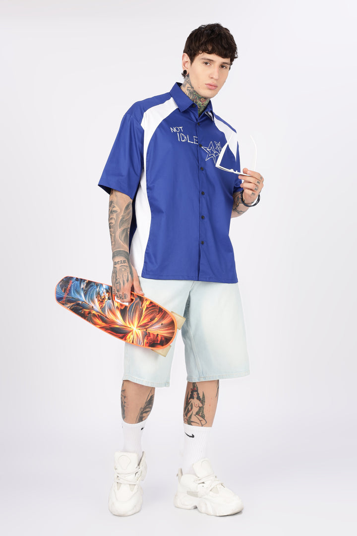Not Idle: Cut & Sew Oversized Blue Cotton Shirt