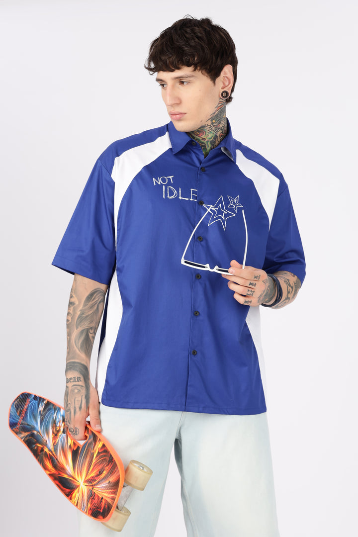 Not Idle: Cut & Sew Oversized Blue Cotton Shirt