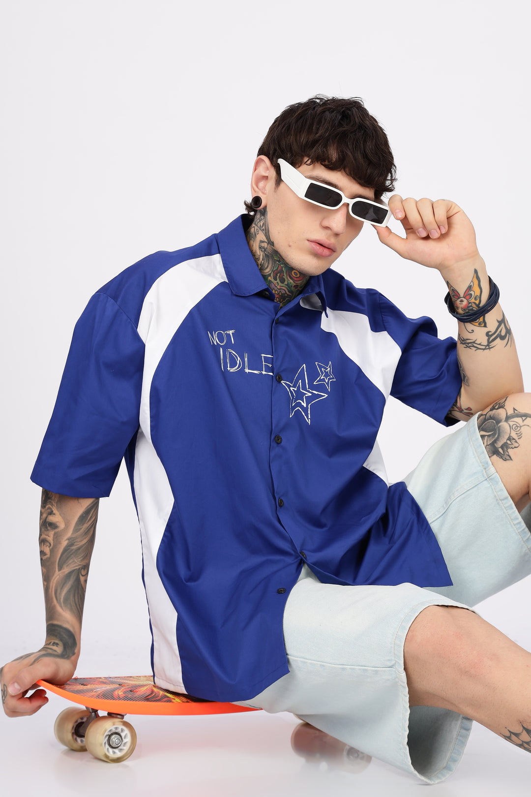 Not Idle: Cut & Sew Oversized Blue Cotton Shirt