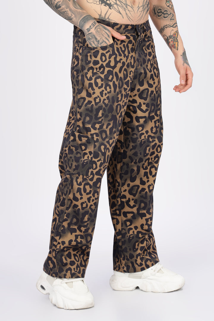 Animal Printed Twill Baggy Cargo Pants