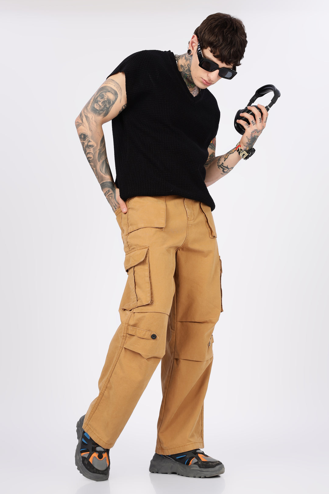 Canvas: Beige Baggy Stylish Cargo Pants