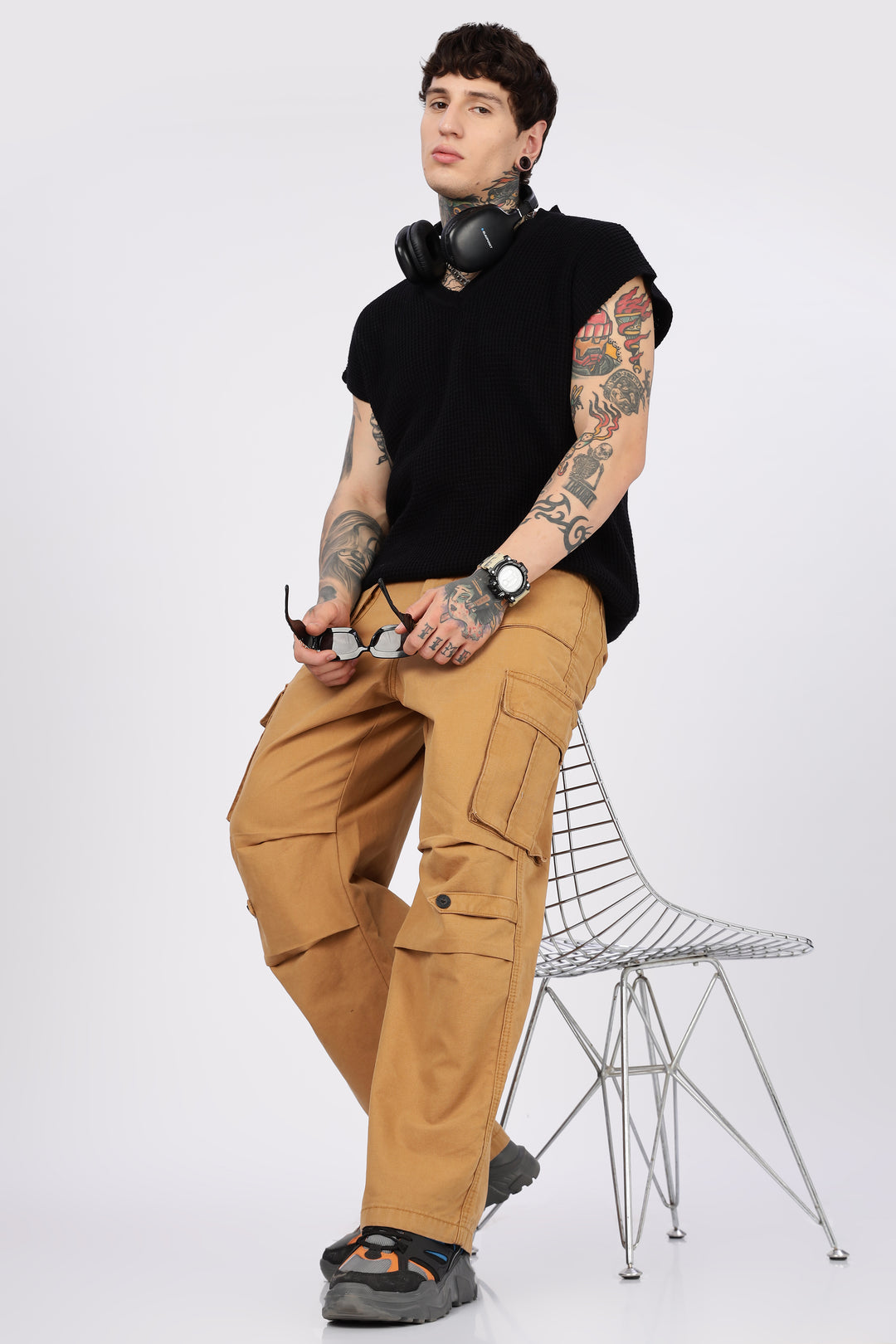 Canvas: Beige Baggy Stylish Cargo Pants