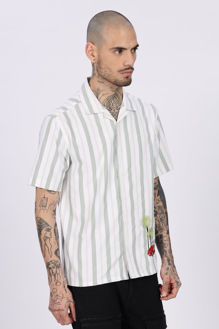 Stripes Car Embroidery Cuban Shirt