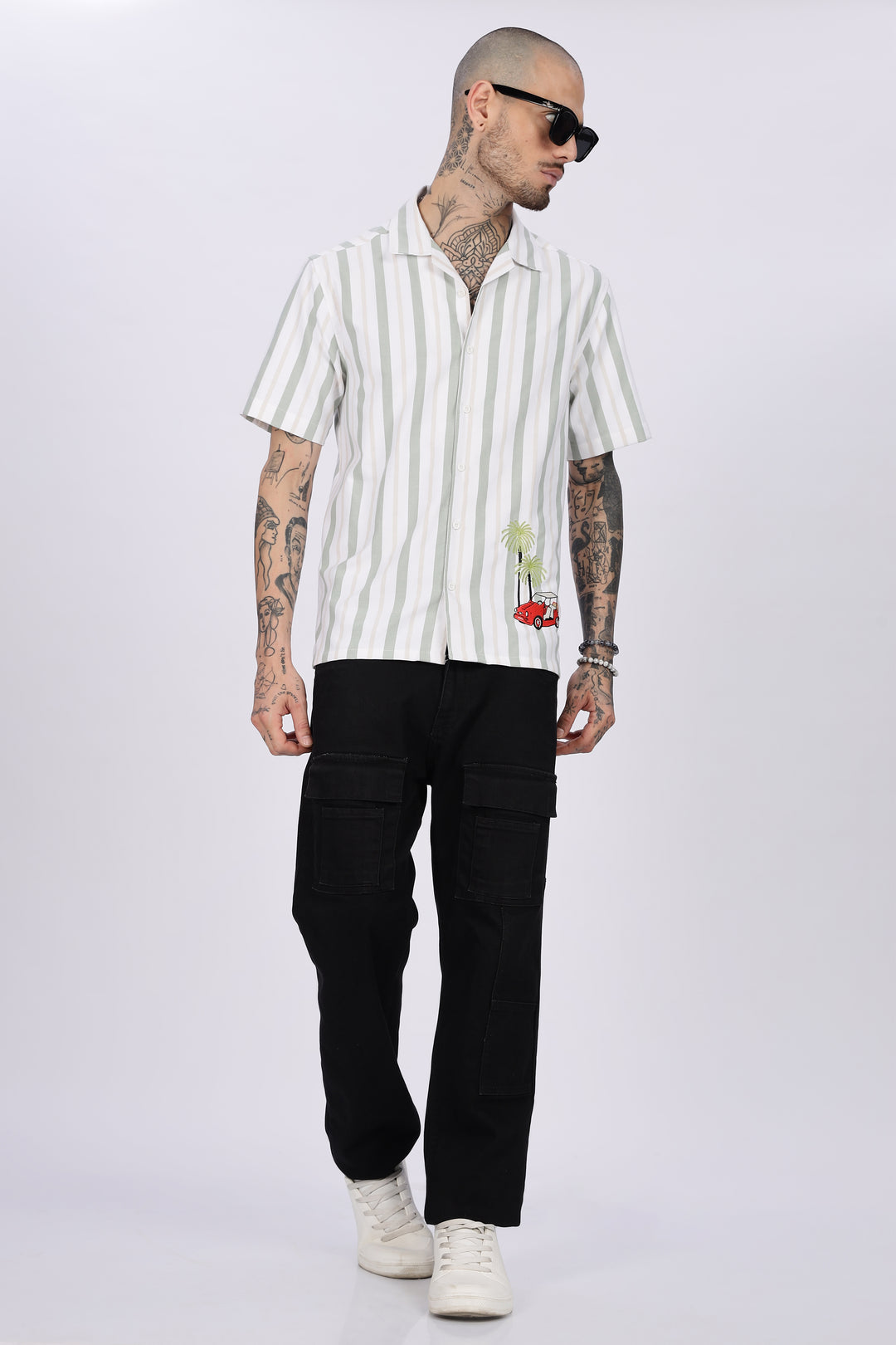Stripes Car Embroidery Cuban Shirt
