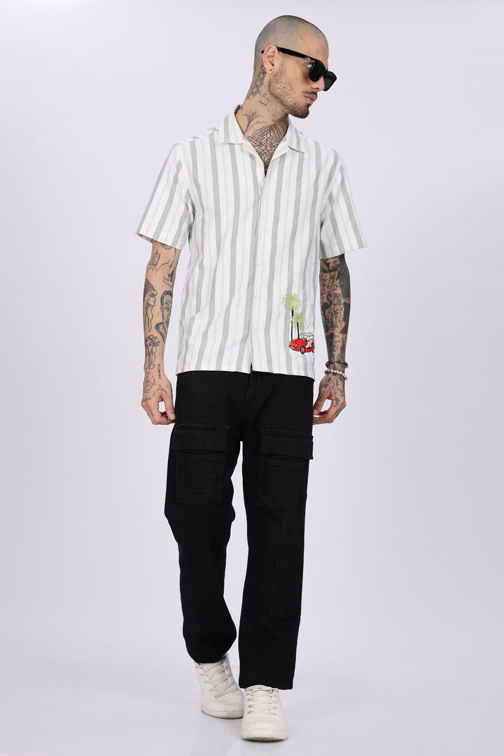Stripes Car Embroidery Cuban Shirt