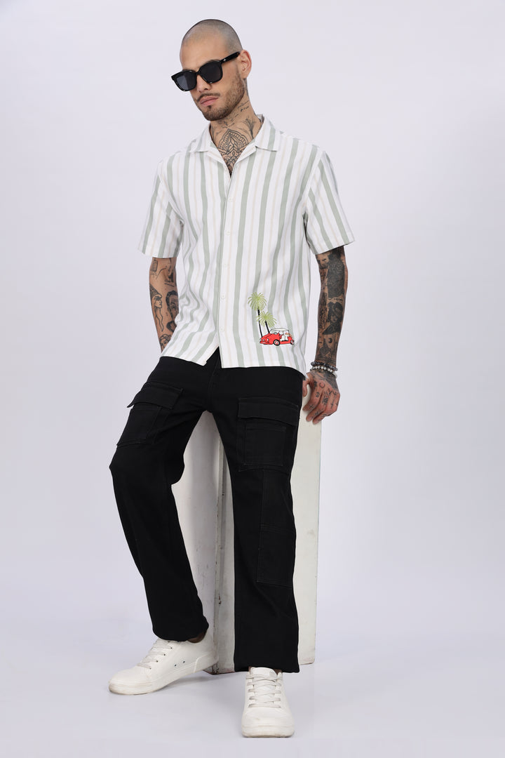 Stripes Car Embroidery Cuban Shirt